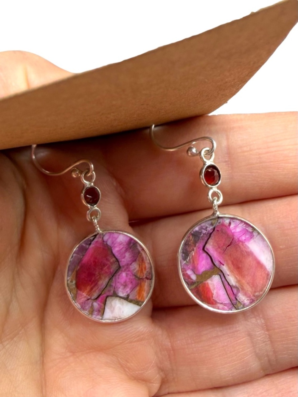 Kingman Mine Pink Dahlia Turquoise Earrings Solid 925 Sterling Silver Dangle - Picture 4 of 5